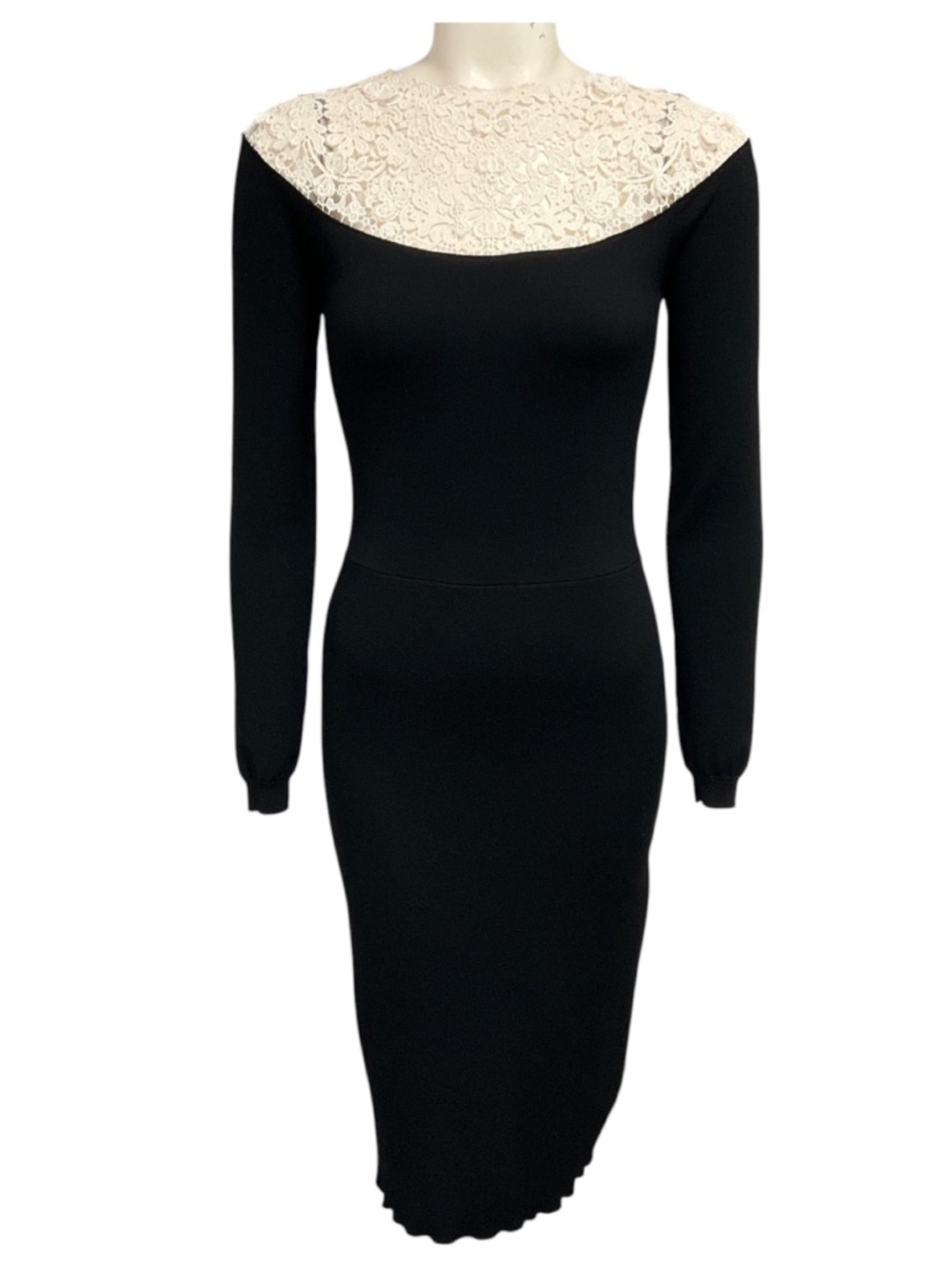 VALENTINO BLACK / WHITE LACE TRIMMED LONG SLEEVED KNIT MIDI DRESS
